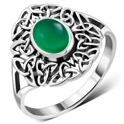 Green Agate Celtic Trinity Knot Silver Ring, r558